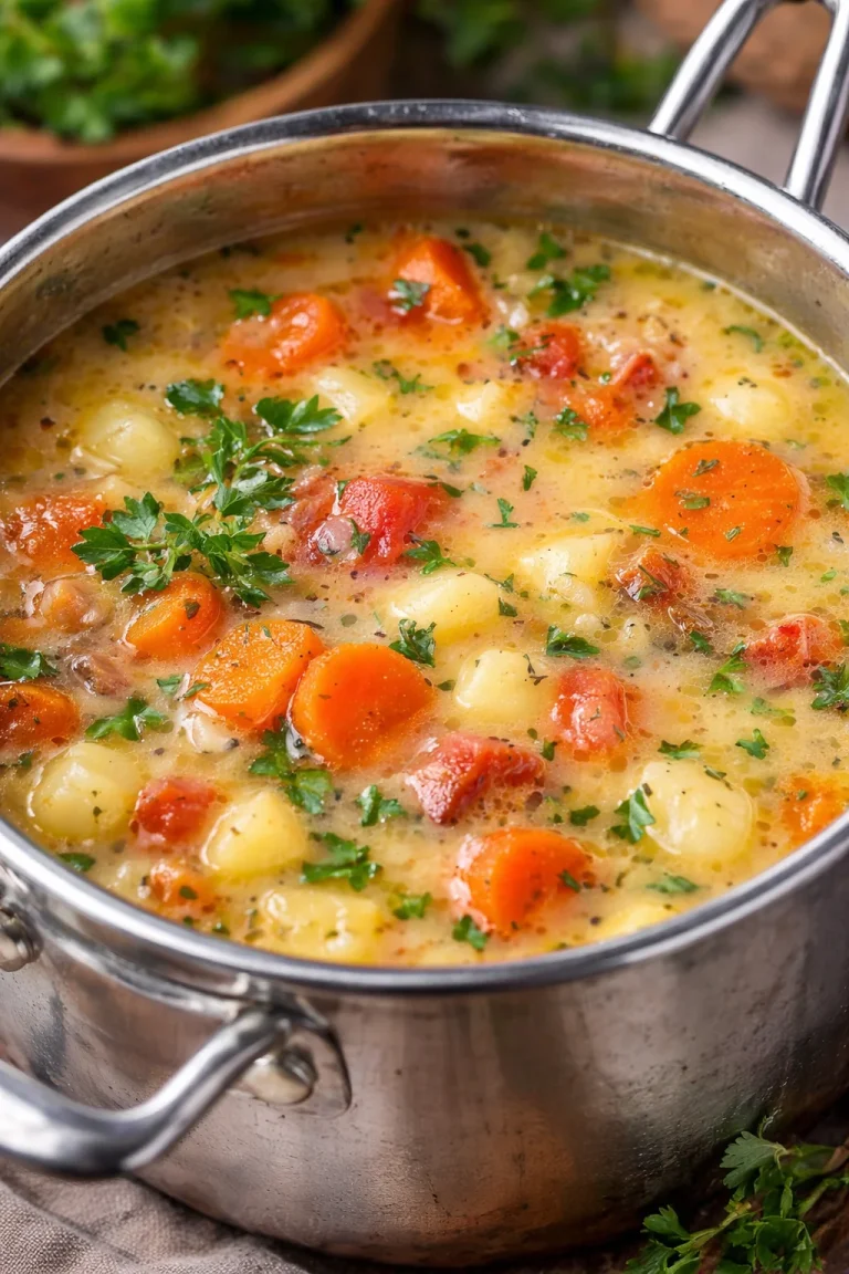Eine dampfende Schüssel Kartoffelsuppe mit frischen Kräutern garniert