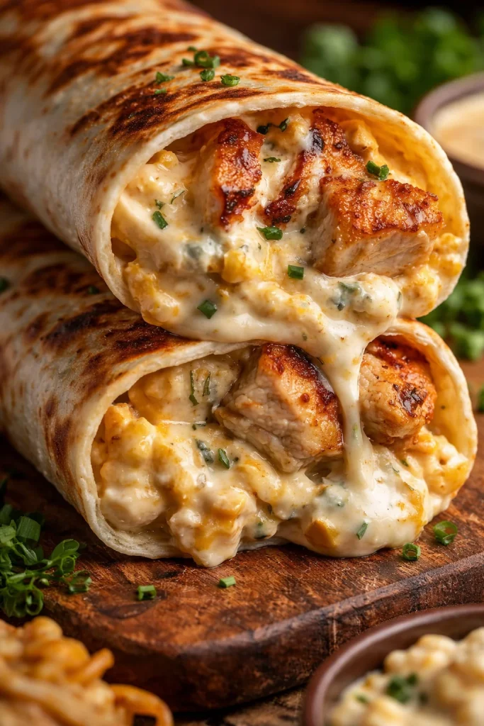 Leckere Käse-Knoblauch-Hähnchen-Wraps auf einem Teller serviert