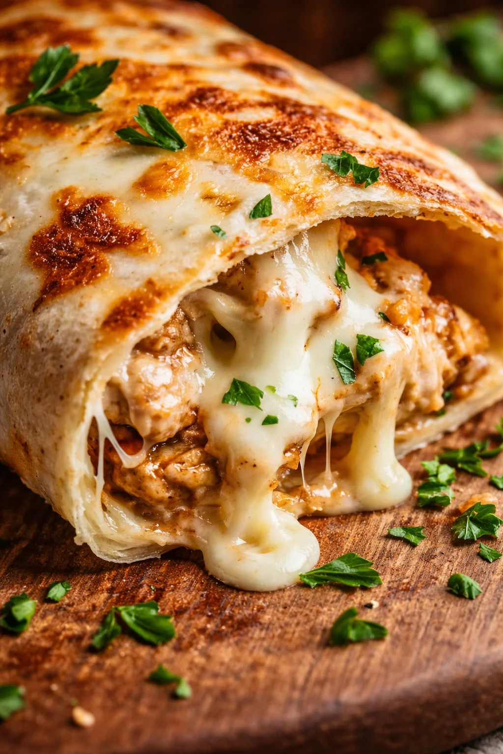 Leckere Käse-Knoblauch-Hühnchen-Wraps auf einem Teller