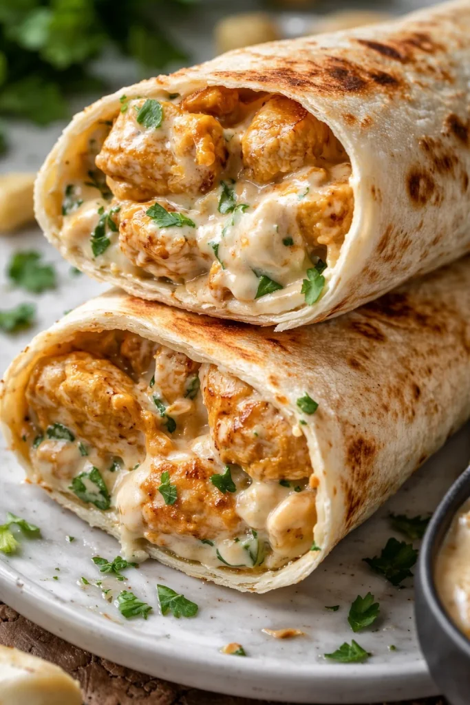 Käseknoblauch-Hühnchen-Wrap gefüllt mit zartem Hühnchen und köstlichem Käseknoblauch-Dressing.