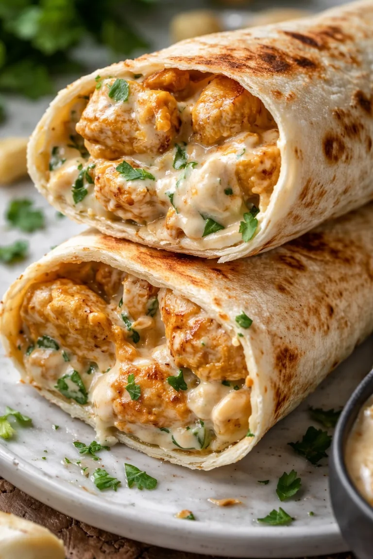 Käseknoblauch-Hühnchen-Wrap gefüllt mit zartem Hühnchen und köstlichem Käseknoblauch-Dressing.