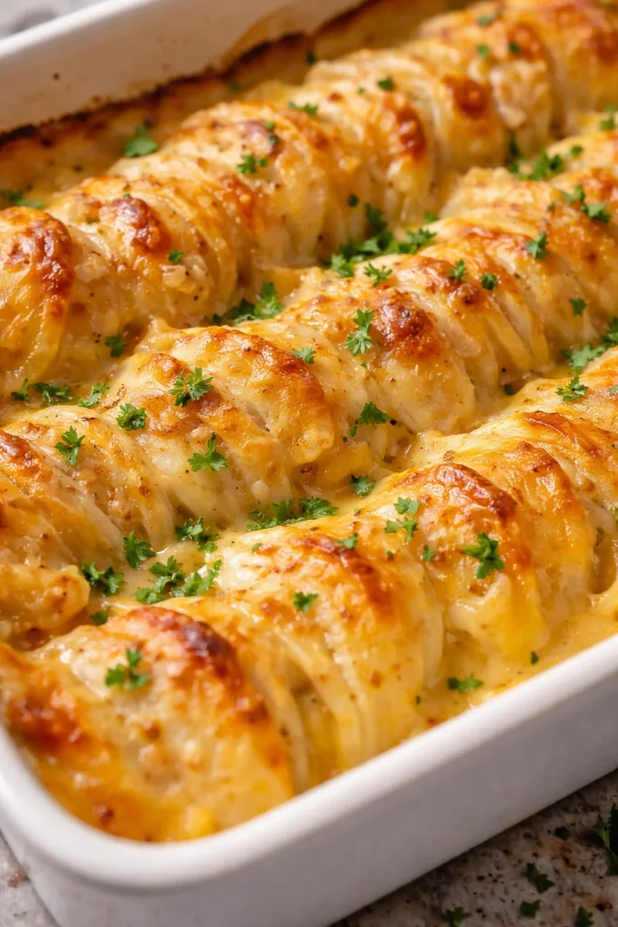 Käseüberbackene Kartoffeln au Gratin mit geschmolzenem Käse und Kartoffelscheiben