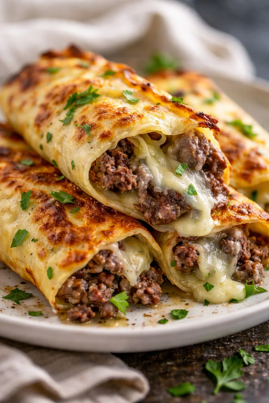 Keto Philly-Cheesesteak-Rollen serviert auf einem Teller