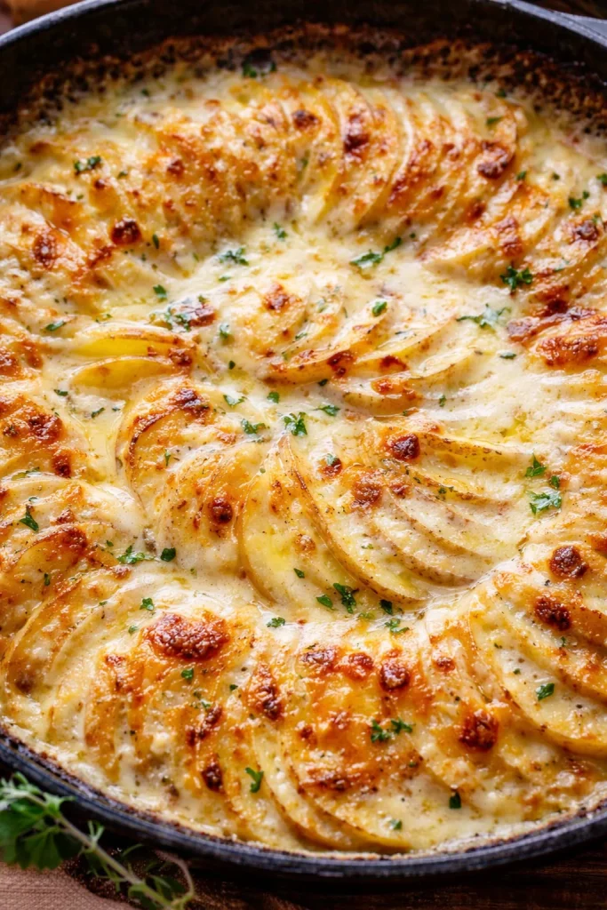 Klassische Kartoffeln mit cremiger Käsesauce auf einem Teller angerichtet