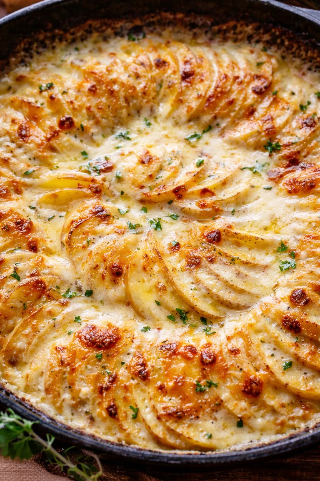 Klassische Kartoffeln mit cremiger Käsesauce auf einem Teller angerichtet