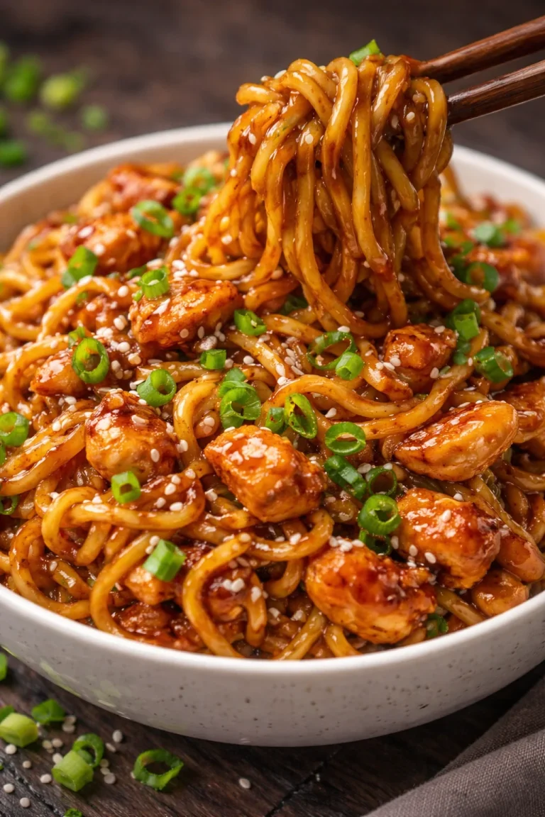 Klebrige Knoblauch-Hühnchen-Nudeln auf einem Teller serviert