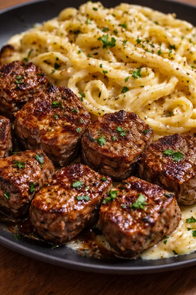 Knoblauch-Butter-Steakbissen mit cremiger Parmesan-Pasta auf einem Teller serviert