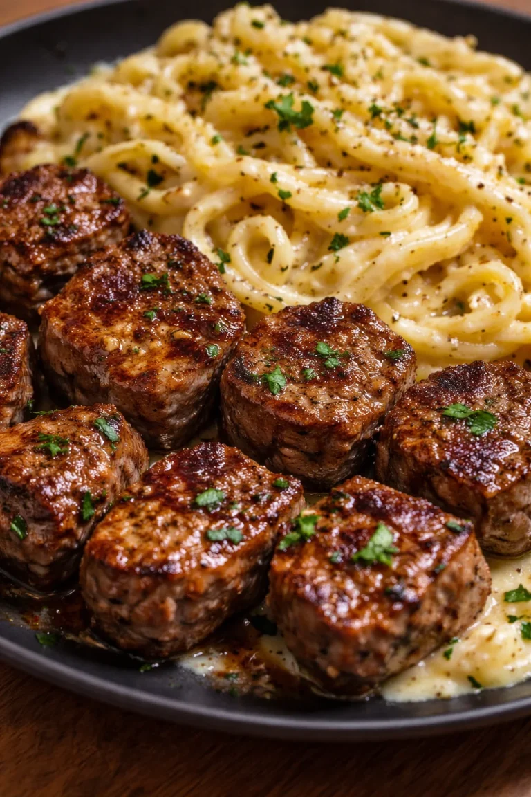 Knoblauch-Butter-Steakbissen mit cremiger Parmesan-Pasta auf einem Teller serviert