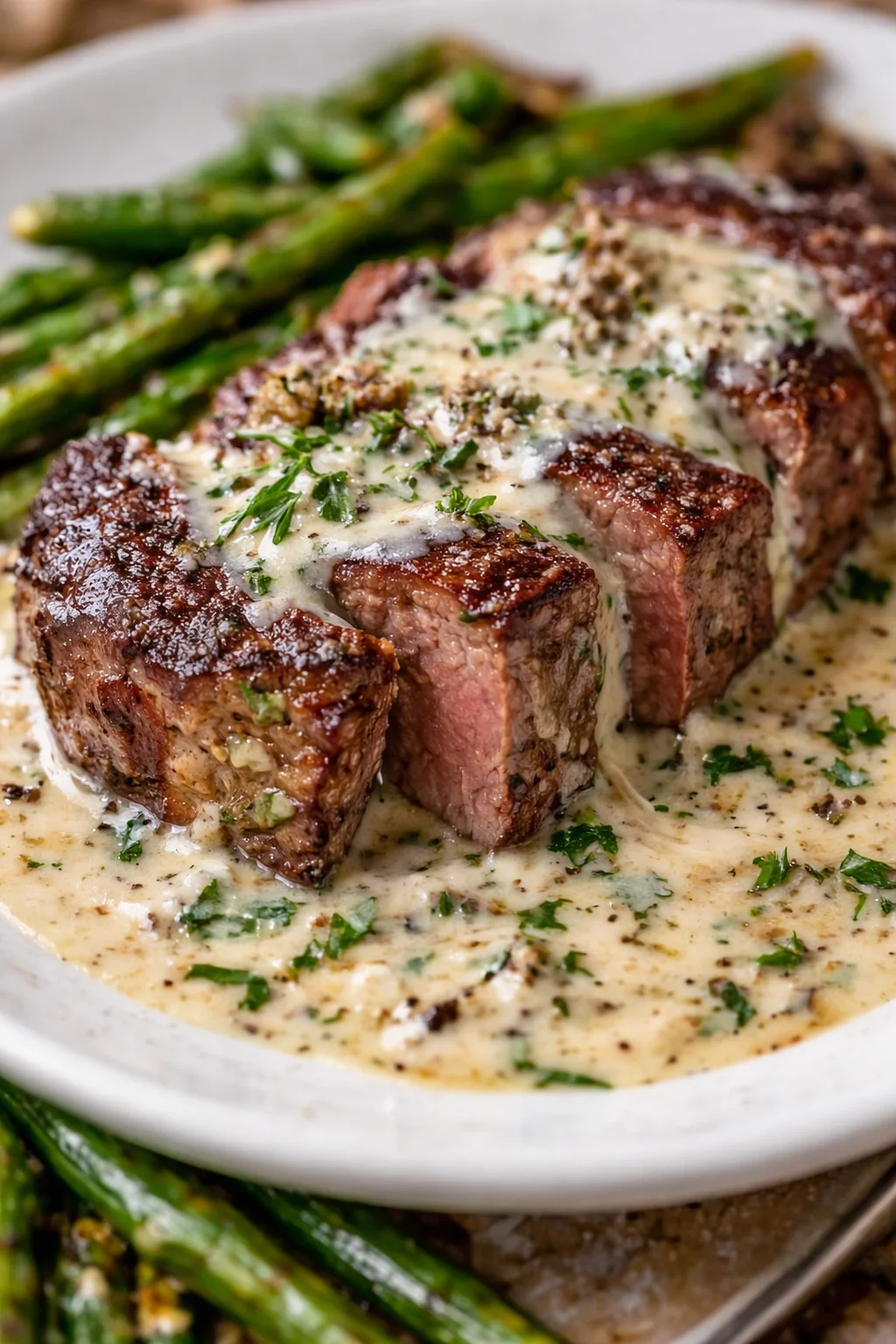 Knoblauchbuttersteak mit Parmesan-Cremesauce, perfekt für Feinschmecker