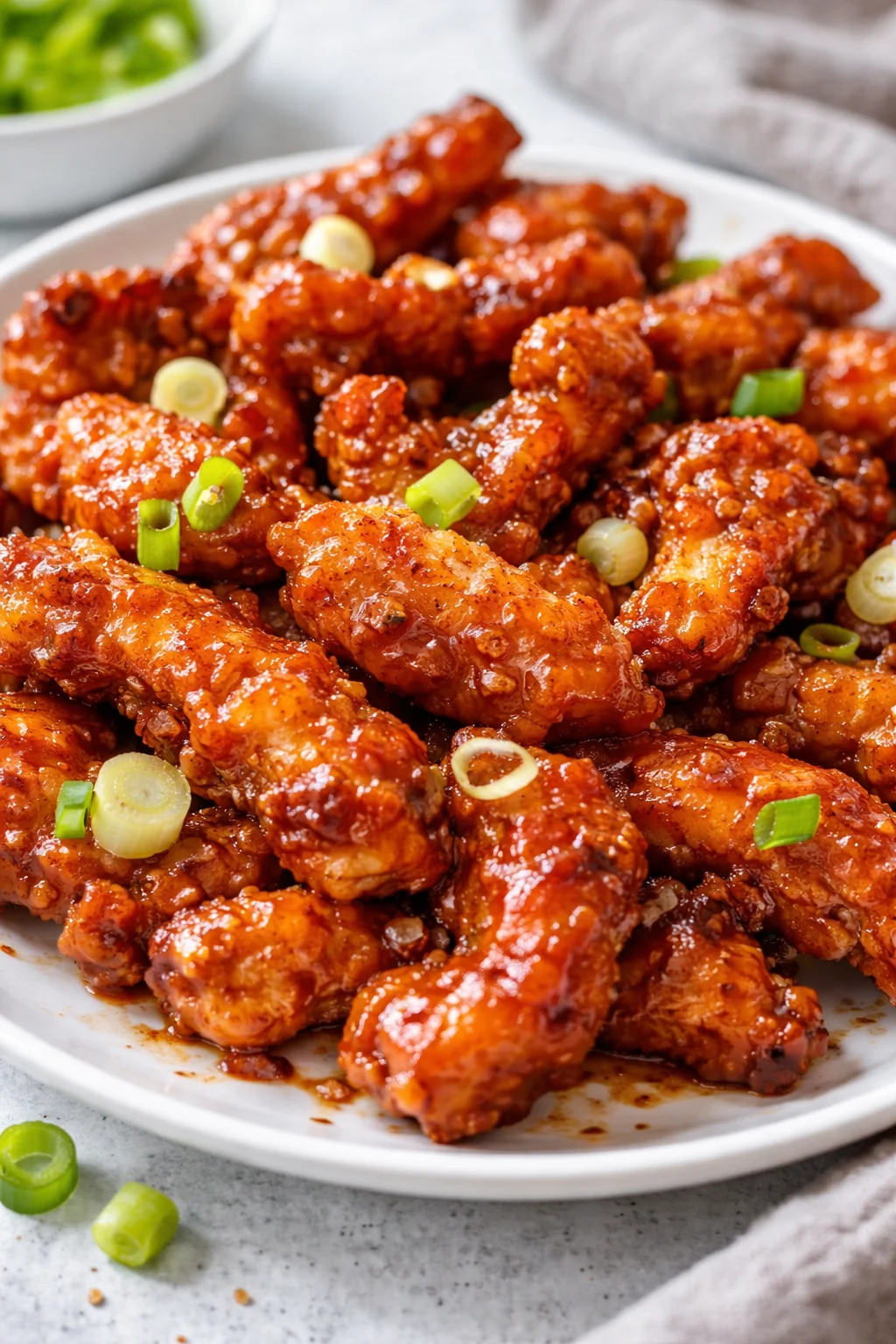 Knuspriges Chili-Hühnchen auf einem Teller serviert, garniert mit frischen Kräutern.