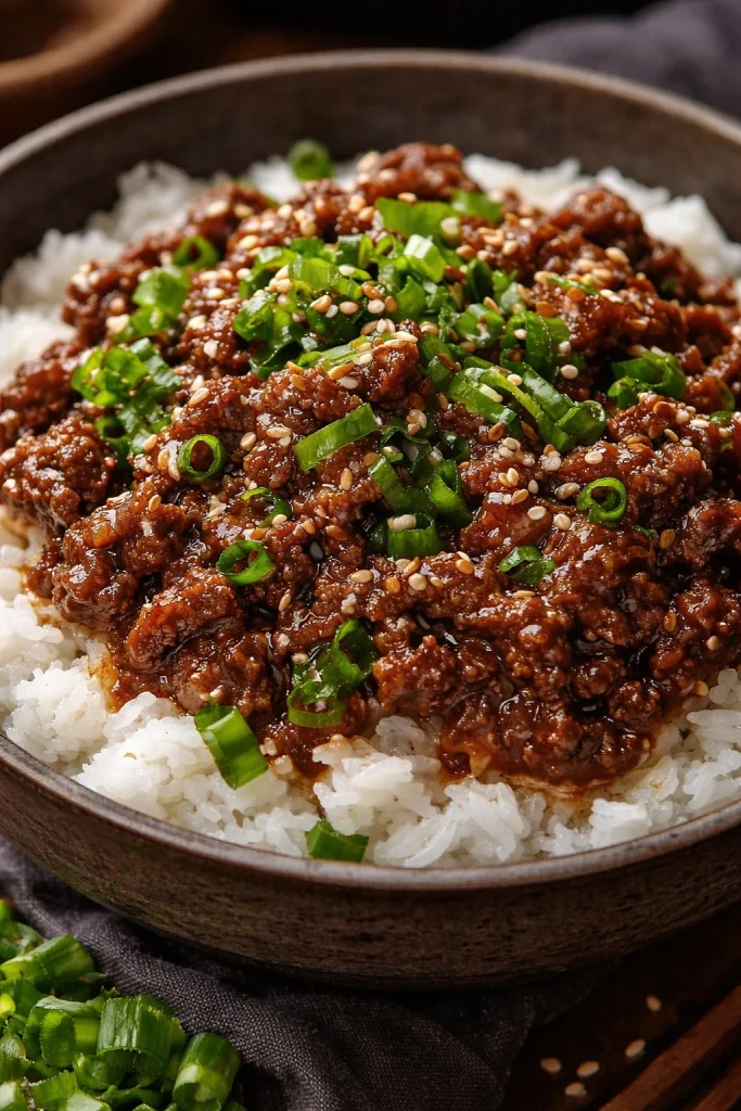 Koreanische Rinderhackfleischschale, serviert mit frischem Gemüse und Saucen.