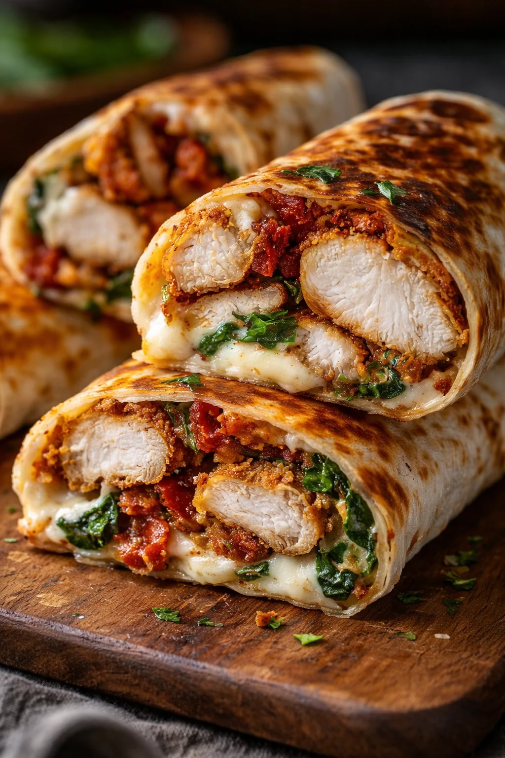 Krosse Air Fryer Hühnchen- und Mozzarella-Wraps auf einem Teller angerichtet.