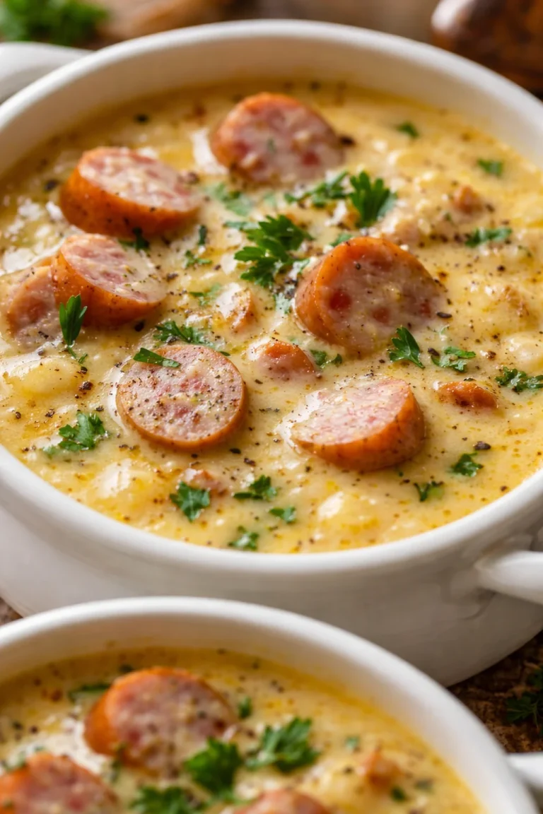 Schüssel mit leckerer Kartoffelsuppe, garniert mit frischen Kräutern