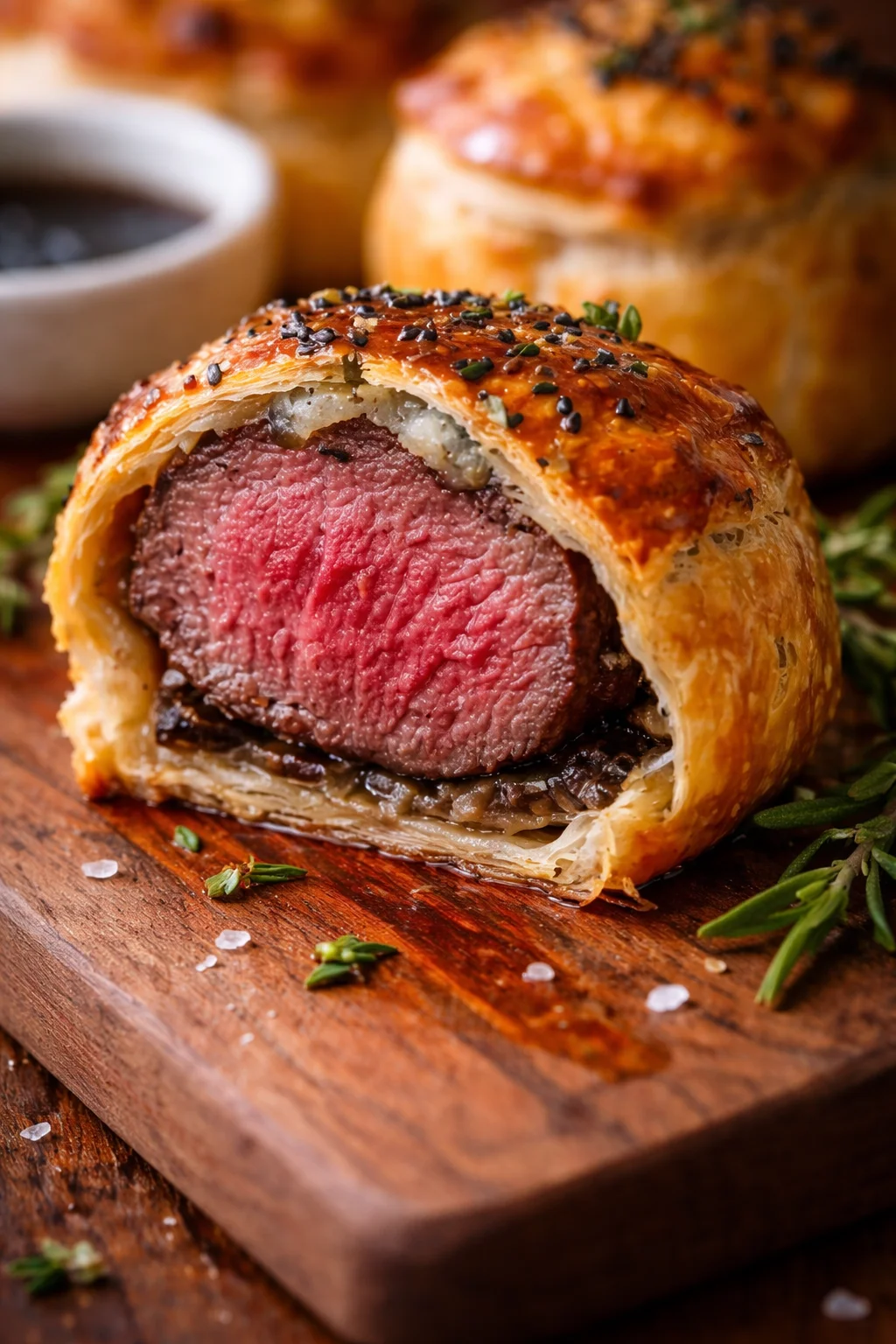 Mini-Rinder-Wellington auf einem eleganten Teller serviert.