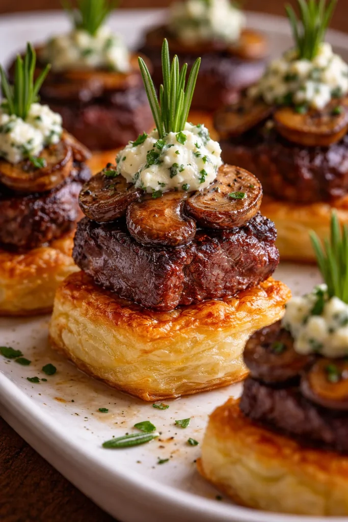 Mini Rinderfilet Wellington Bites auf einem eleganten Teller serviert