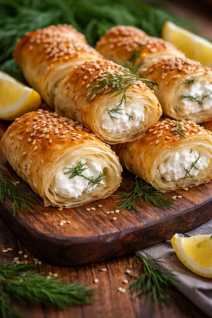Leckere Ofen-gebackene Feta-Röllchen auf einem Teller