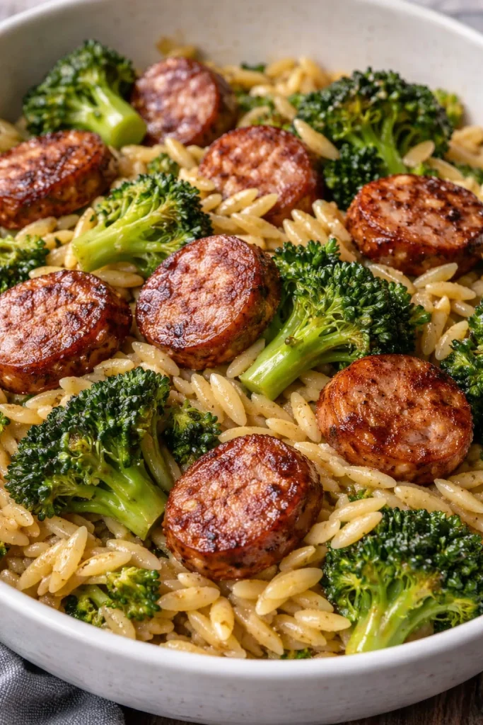 Orzo mit Hähnchenwürstchen und Brokkoli auf einem Teller serviert.