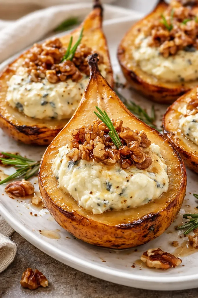 Pärchen mit Blauschimmelkäse und Walnüssen auf einem Holzbrett.