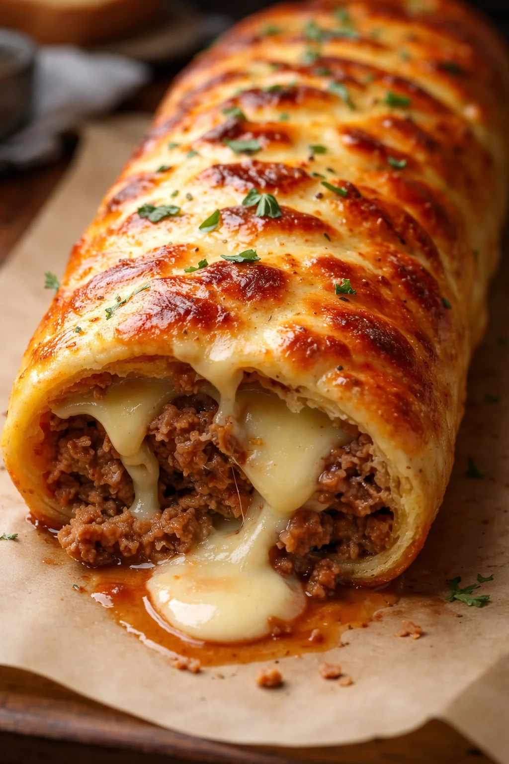 Perfekte Hackfleisch-Käse-Rolle, frisch aus dem Ofen