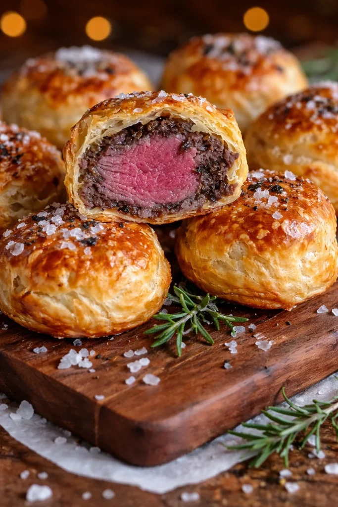 Mini-Rinderfilet-Wellington-Häppchen auf einem Teller serviert