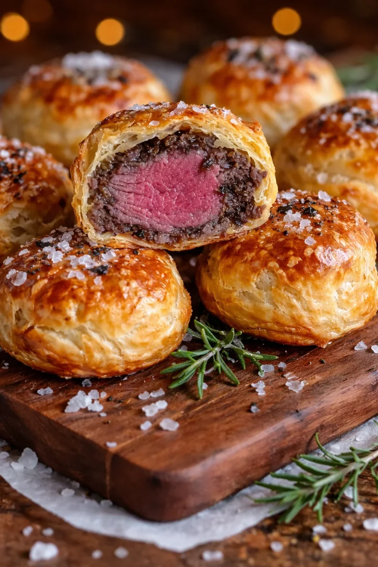 Mini-Rinderfilet-Wellington-Häppchen auf einem Teller serviert