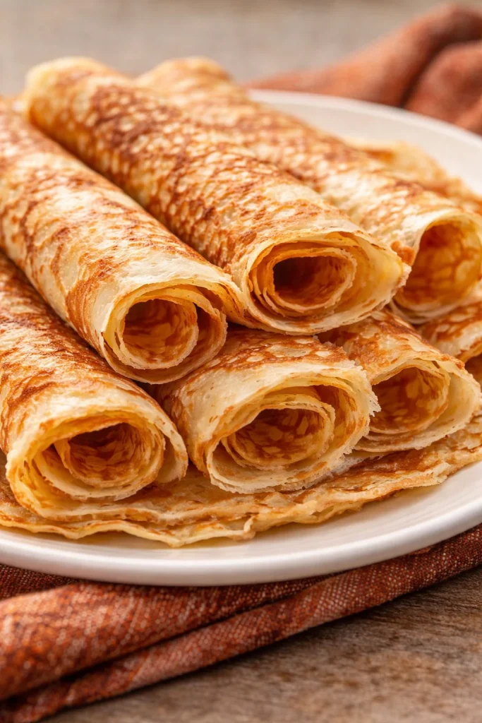 Fluffige Pfannkuchen auf einem Teller mit Früchten garniert