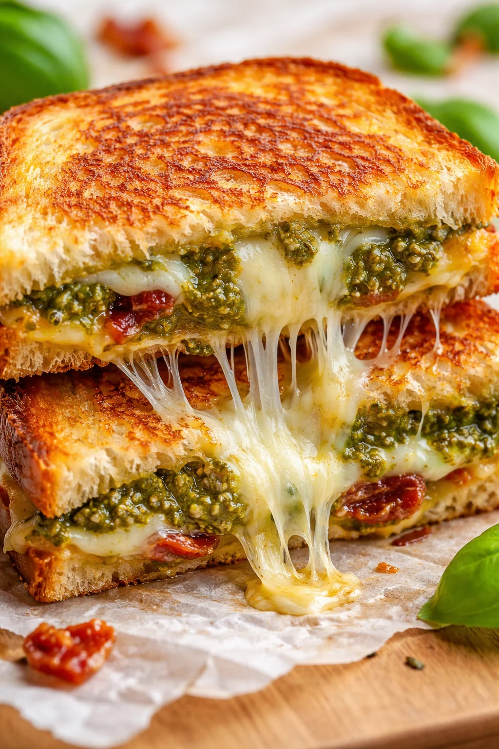 Pesto-Toast mit Käse garnished with fresh herbs