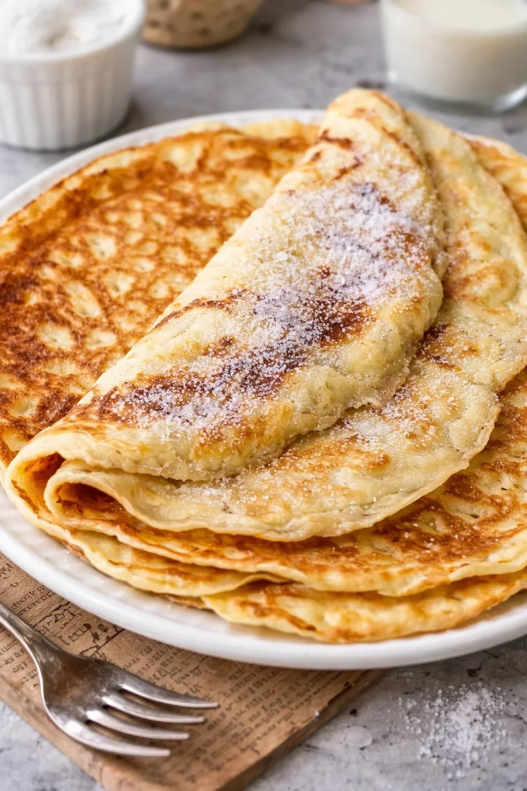 Leckere Pfannkuchen mit frischen Früchten und Puderzucker garniert.