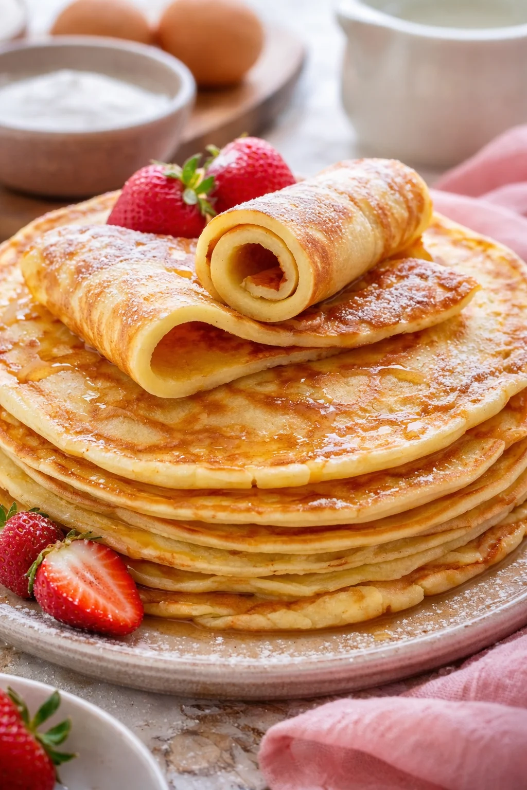 Leckere Pfannkuchen auf einem Teller mit frischen Früchten