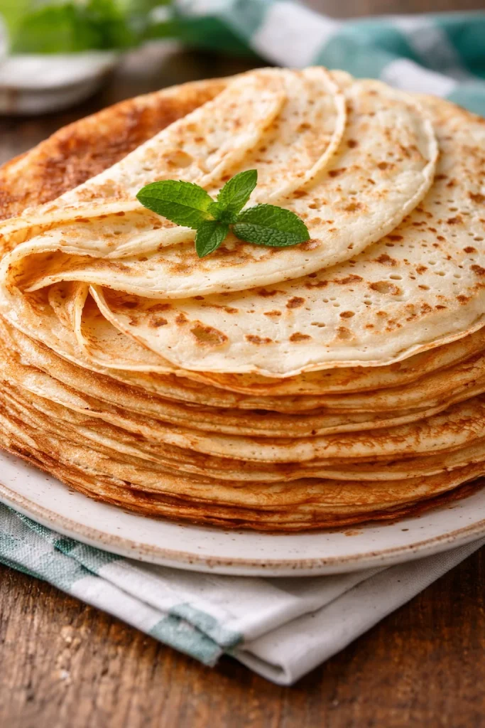 Pfannkuchen nach Omas Art, frisch serviert auf einem Teller, mit frischen Beeren und Puderzucker.