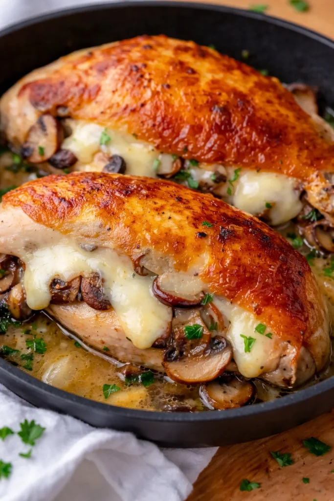 Pilz gefüllte Hähnchenbrust auf einem Teller serviert