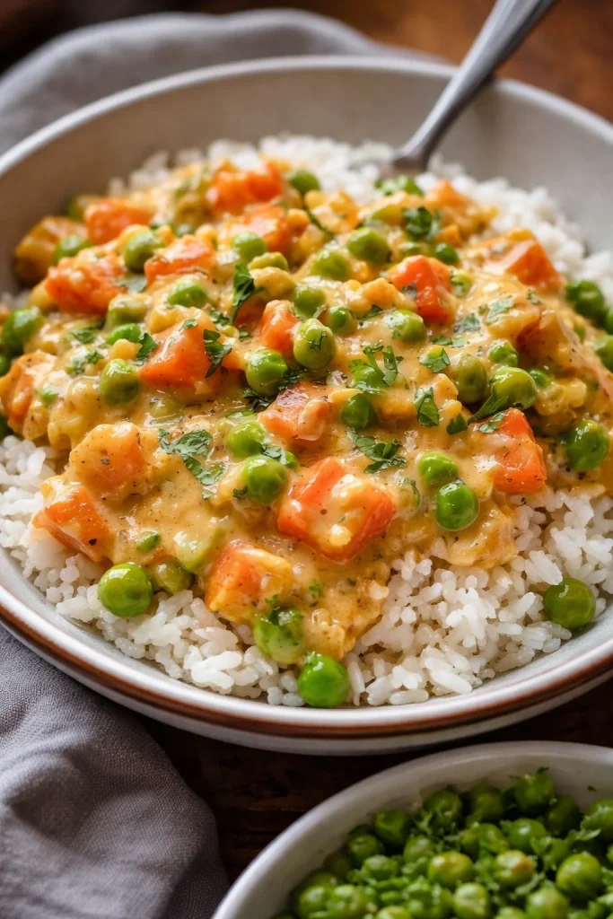 Schüssel mit Reis und Gemüse-Frischkäse-Sauce