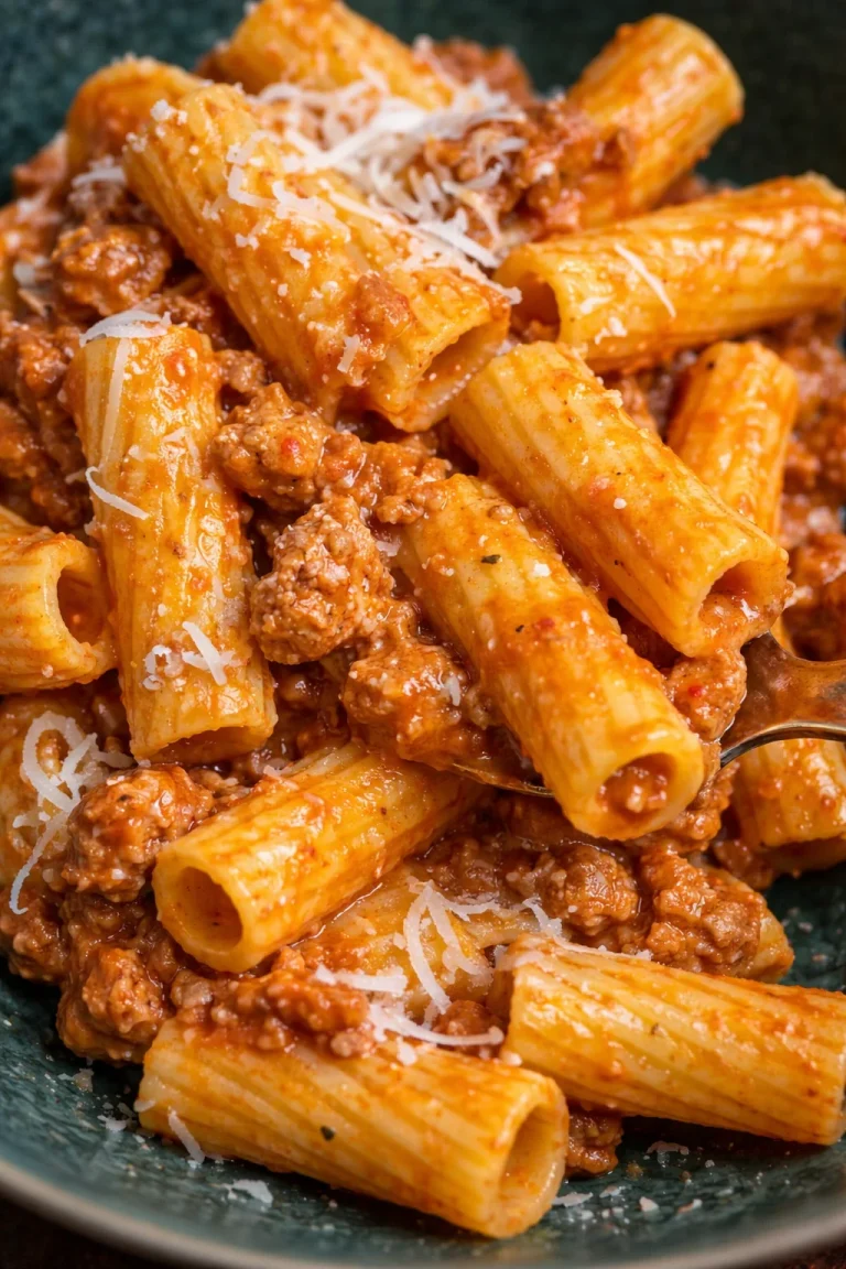 Leckeres Gericht Rigatoni Mafiosi mit würziger Sauce und frischen Zutaten.