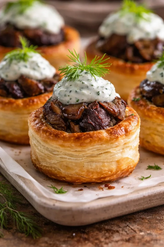 Leckere Rinderfilet Wellington Häppchen auf einem eleganten Teller serviert