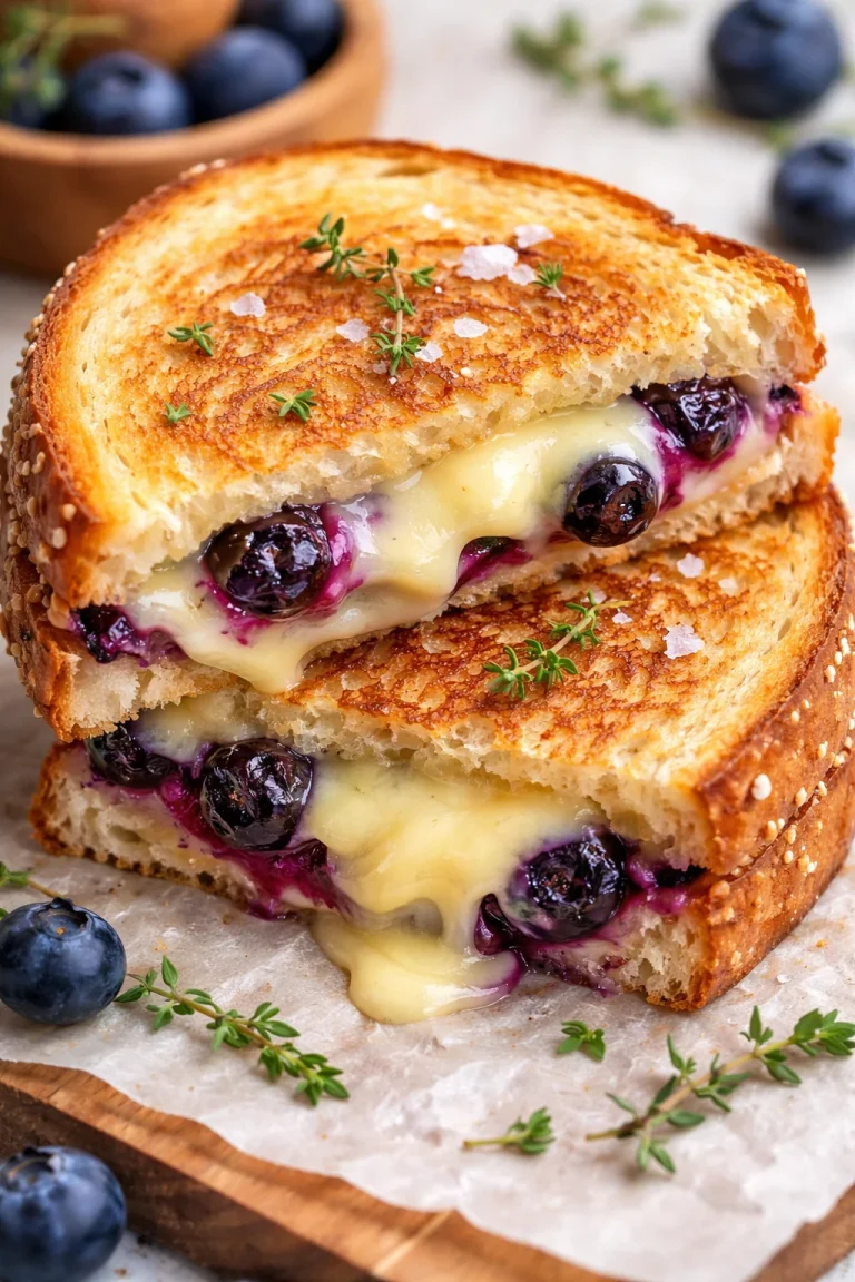 Saftiger Blaubeer-Toast mit Käse auf einem Teller, appetitlich angerichtet.