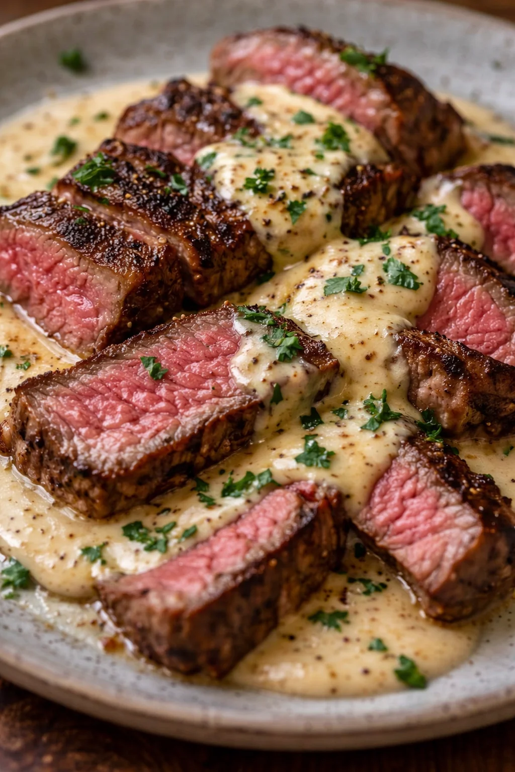 Saftiges Steak mit cremiger Knoblauchsauce auf einem Teller serviert