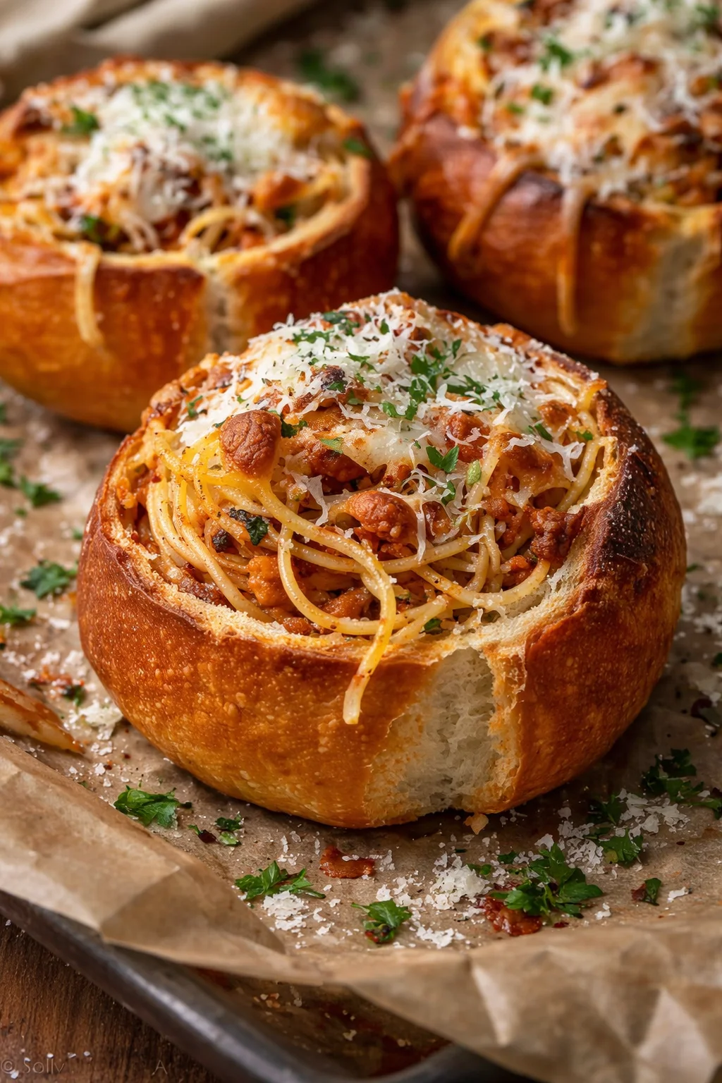 Köstliche Spaghetti-Knoblauchbrot-Schalen auf einem Teller