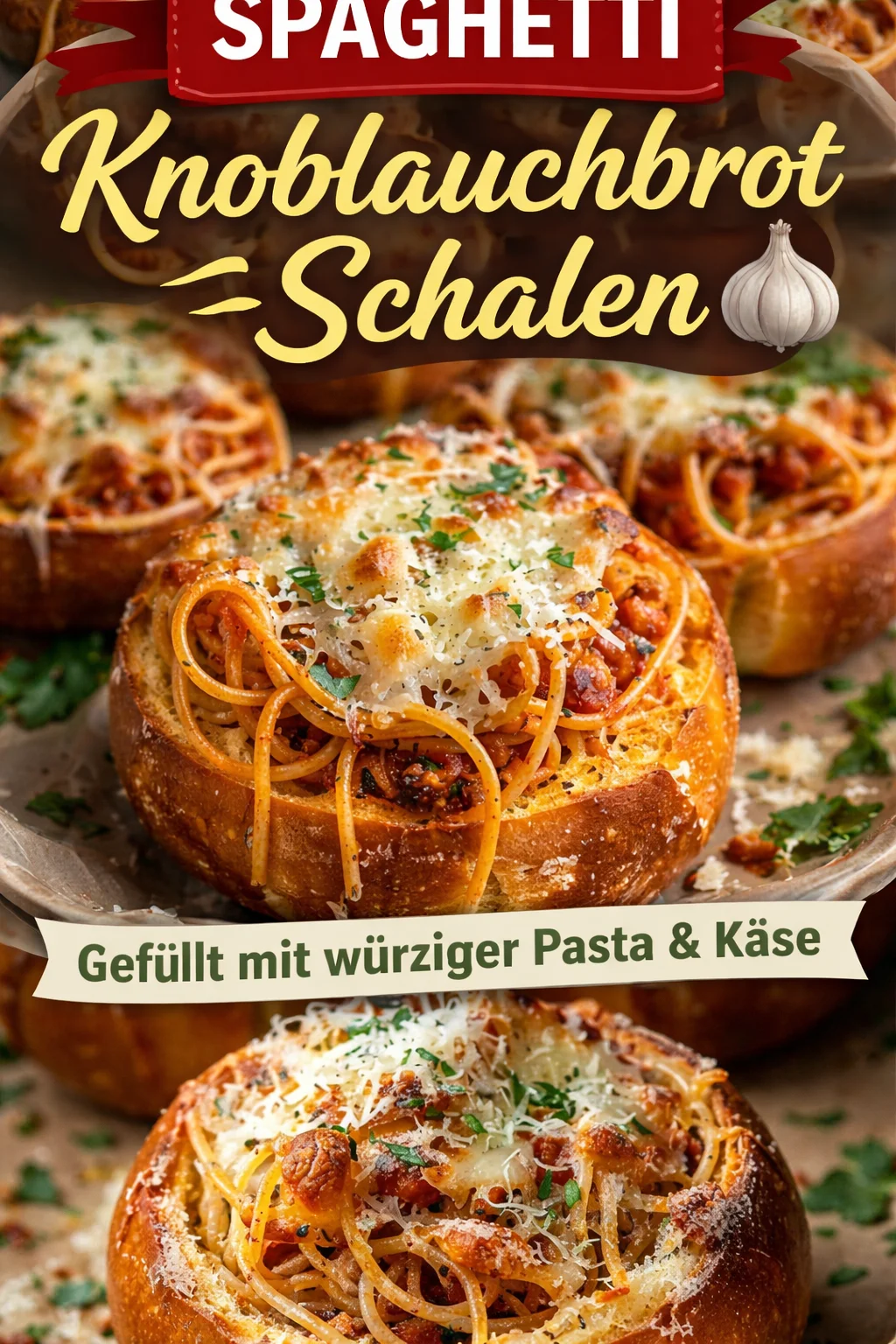 Spaghetti-Knoblauchbrot-Schalen