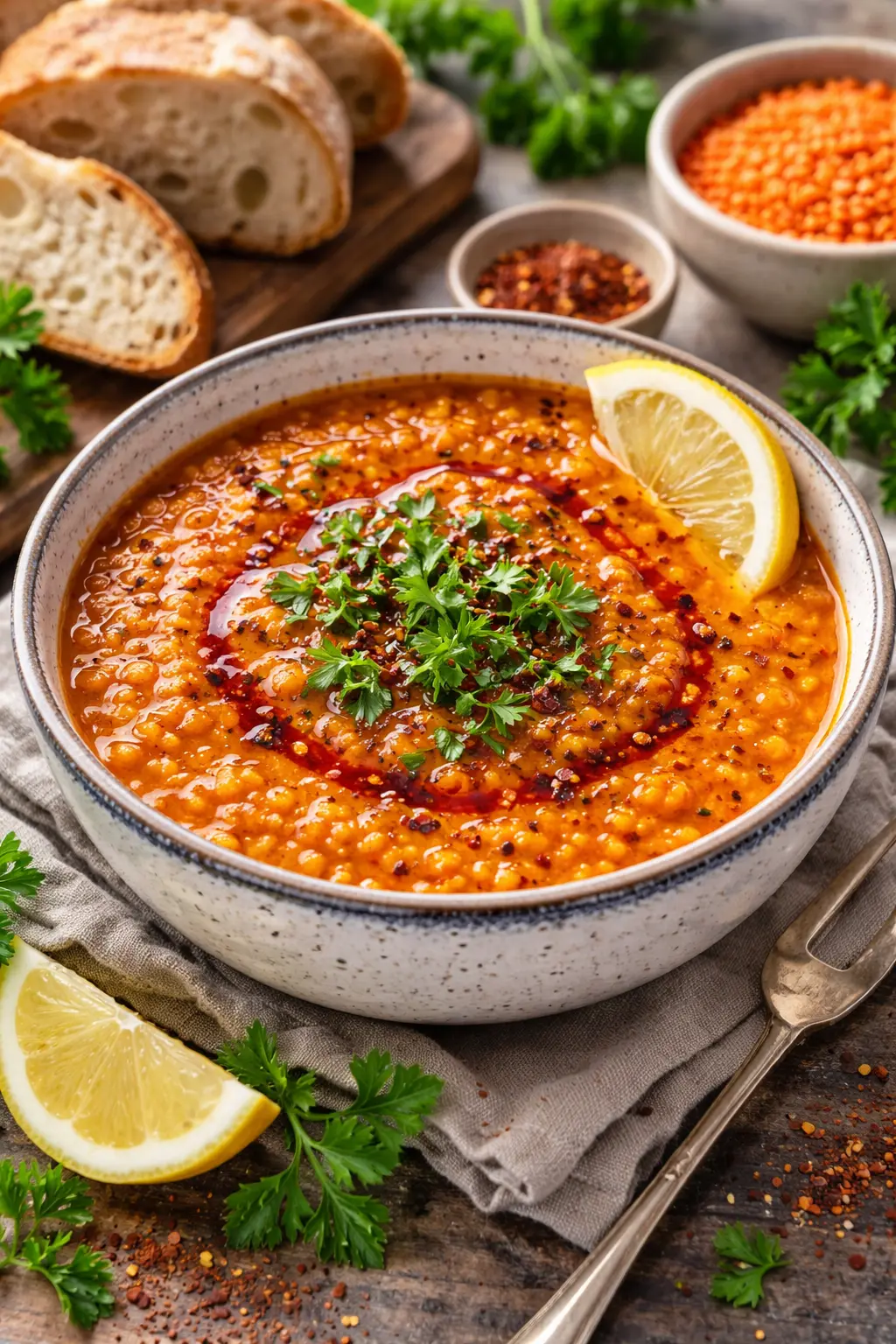 Vegane Türkische Rote Linsensuppe in einer Schale serviert