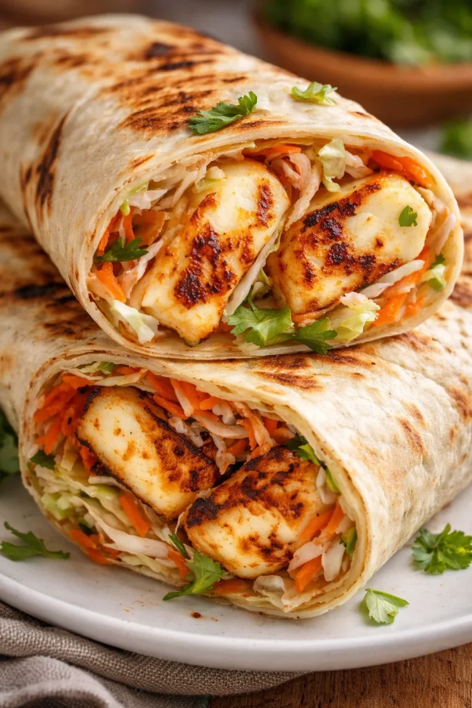 Süße Chili Halloumi Wraps auf einem Teller angerichtet.
