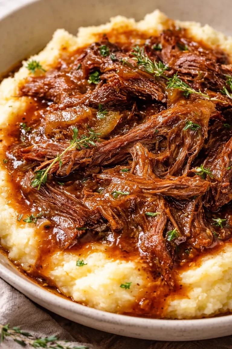 Französischer Zwiebel-Rinderbraten serviert mit Beilagen auf einem Teller