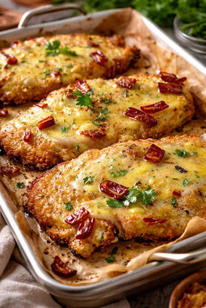 Überbackene Partyschnitzel aus dem Ofen mit Hähnchen