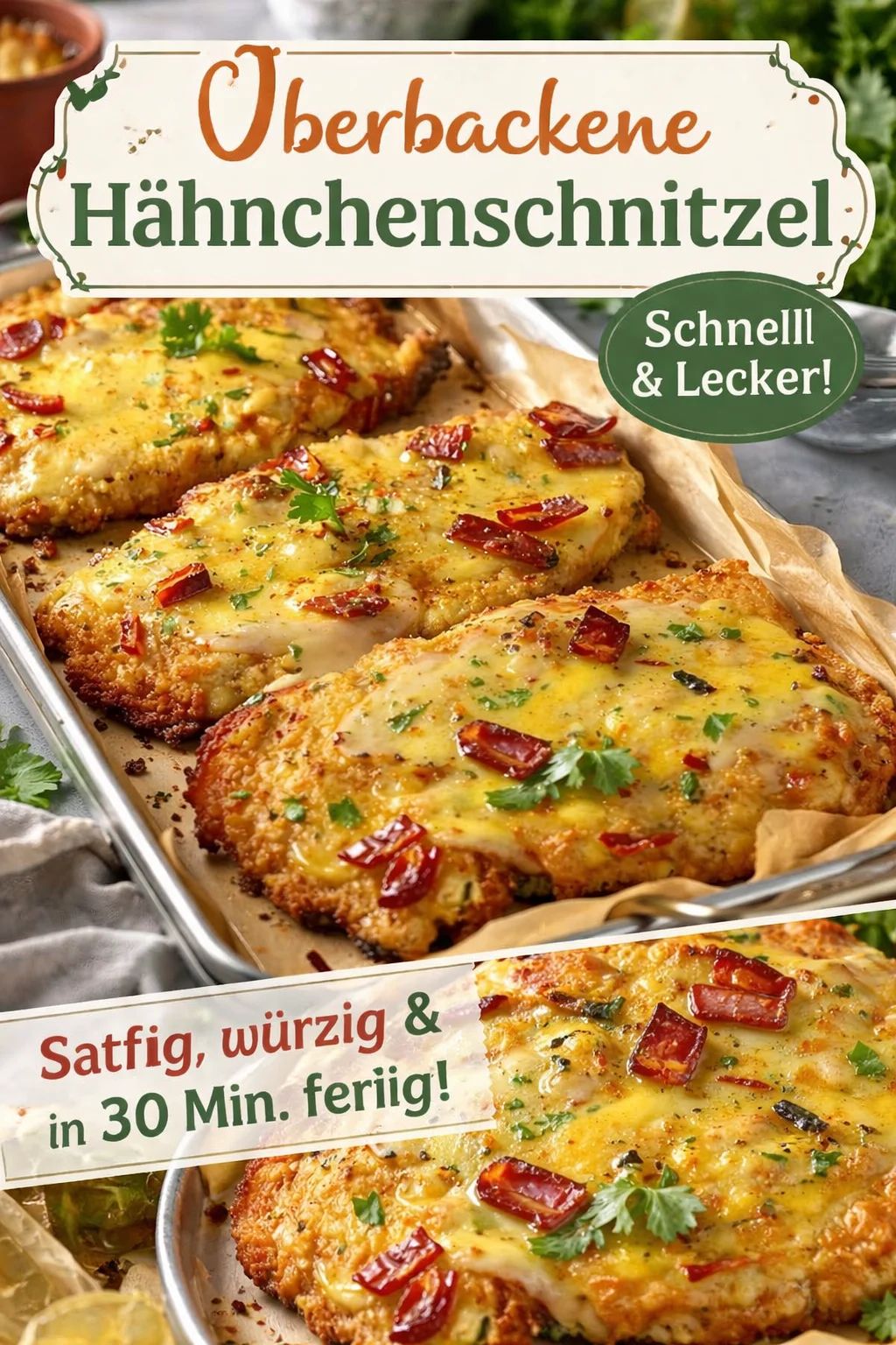 Überbackene Partyschnitzel aus dem Ofen (Hähnchen)