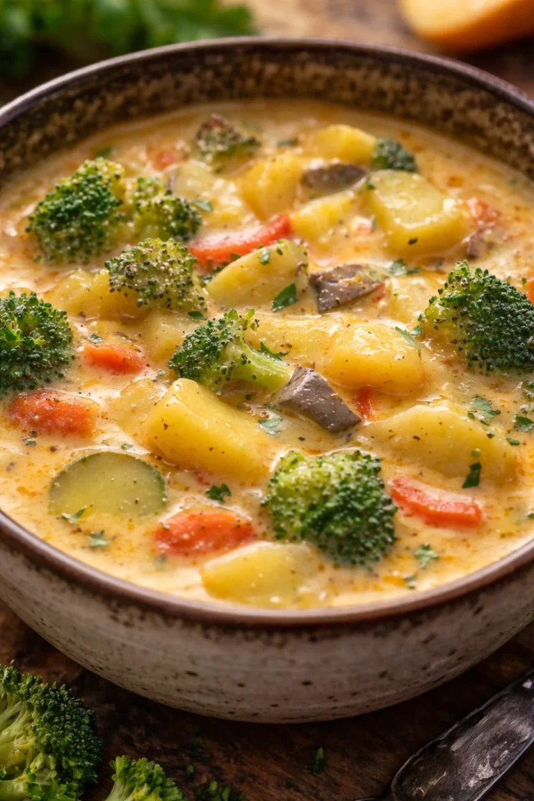 Schüssel mit ultimativer Brokkoli Kartoffel Suppe, frisch zubereitet und garnished.