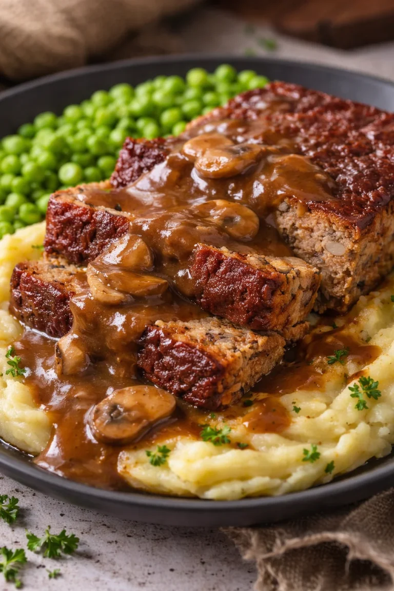 Veganes Roast mit Pilzsauce auf dem Teller serviert