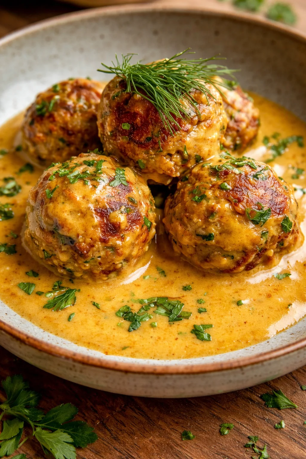Vegane Linsenknödel in cremiger Curry-Sauce auf einem Teller