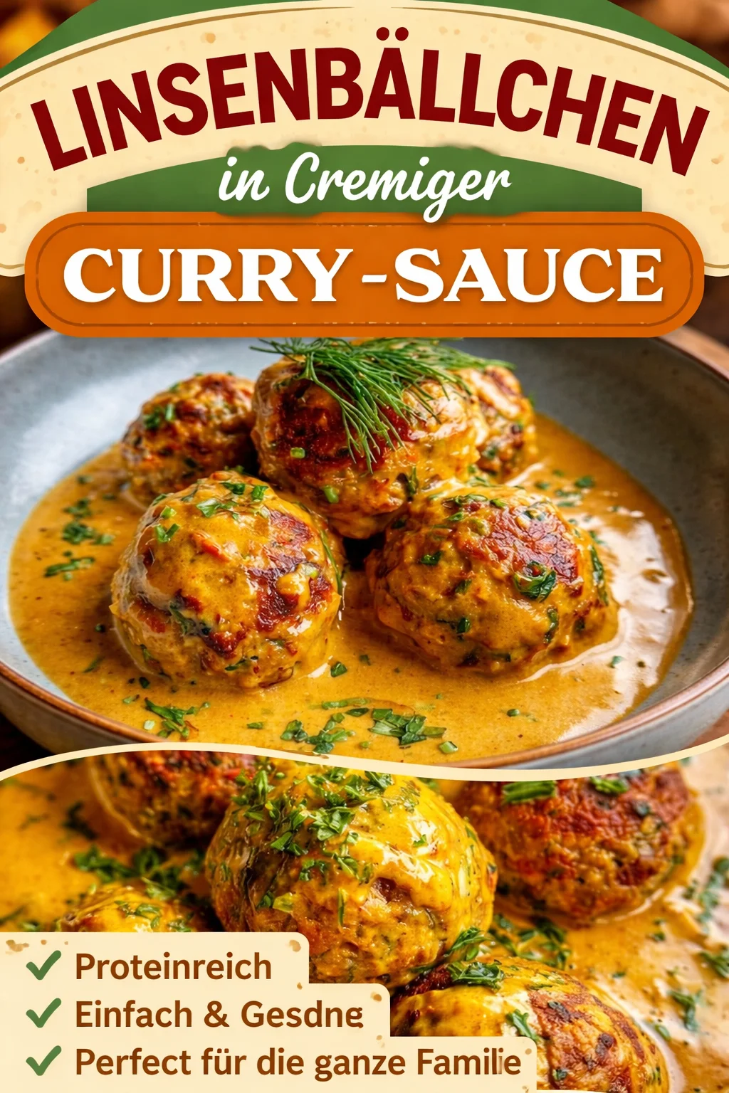 Vegane Linsenknödel in cremiger Curry-Sauce