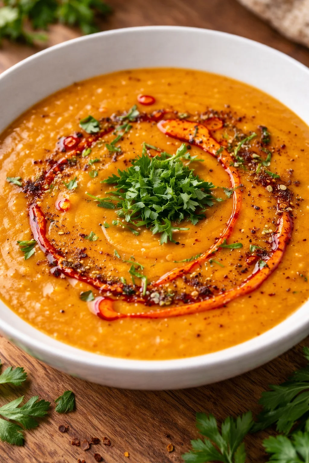 Vegane Türkische Rote Linsensuppe in einer Schale serviert
