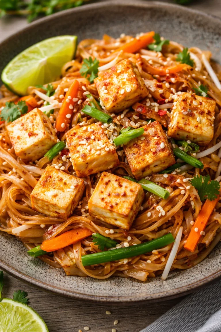 Veganes Pad Thai mit Tofu auf einem Teller, garniert mit frischen Kräutern