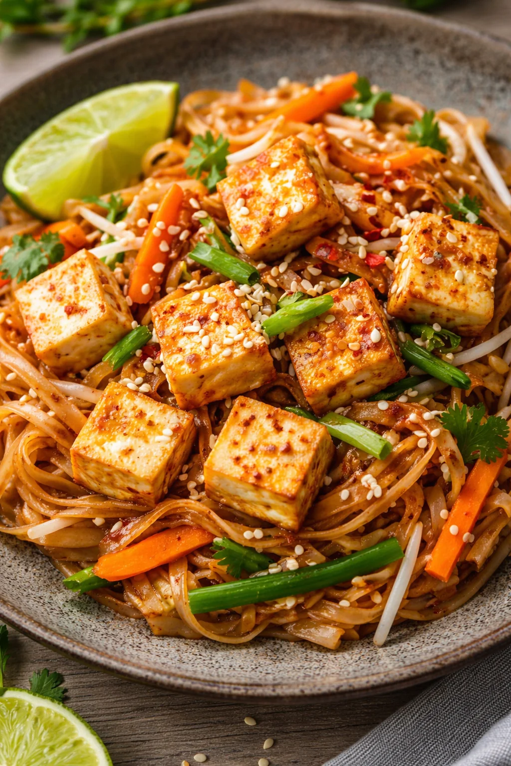 Veganes Pad Thai mit Tofu auf einem Teller, garniert mit frischen Kräutern